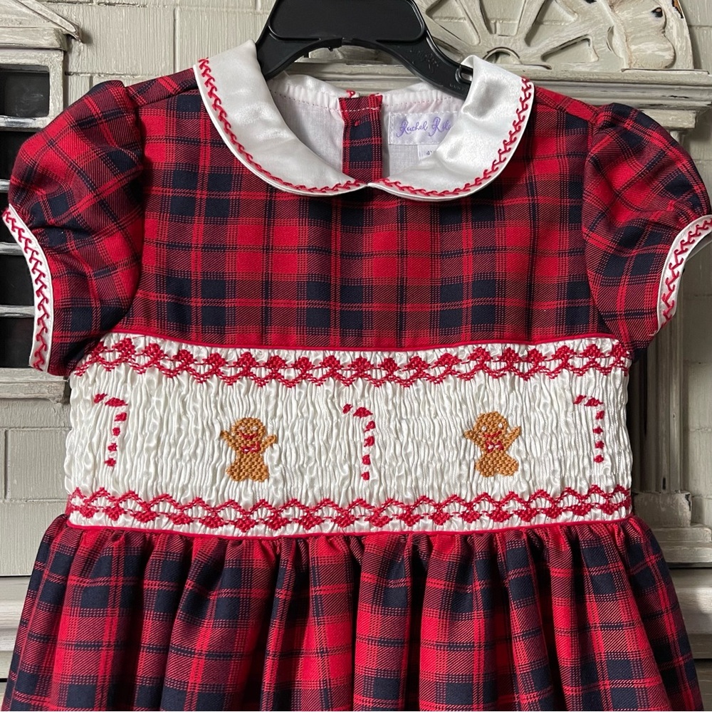 Rachel Riley Girls Gingerbread Tartan Puff Sleeve Smocked Holiday Dress, Red - Picture 7 of 15